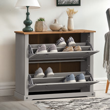 Corona Shoe Rack Chest 2 Shelf Cupboard Grey Wax Solid Wood Pine Wooden Storage