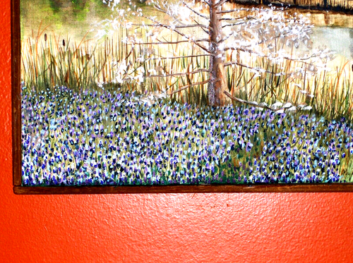 Bluebonnet Landscape Pond Water ReflectIon Birds Sky Blooming Tree Oil Paint VTG - Picture 10 of 12