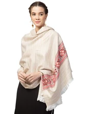 Women's Woven Design Traditional Kullu Jamawar Shawl for Winters, Off White,