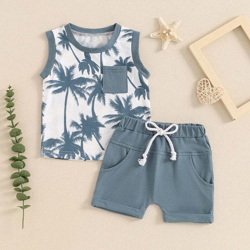 2PCS Toddler Baby Boy Summer Clothes Outfit Tree Print Tops and Shorts Sets - Picture 9 of 13