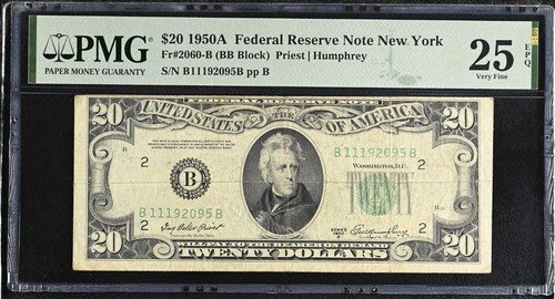 1950A  Federal Reserve 20 Dollar PMG Graded 25 EPQ New York Fr#2060-B - Picture 1 of 2