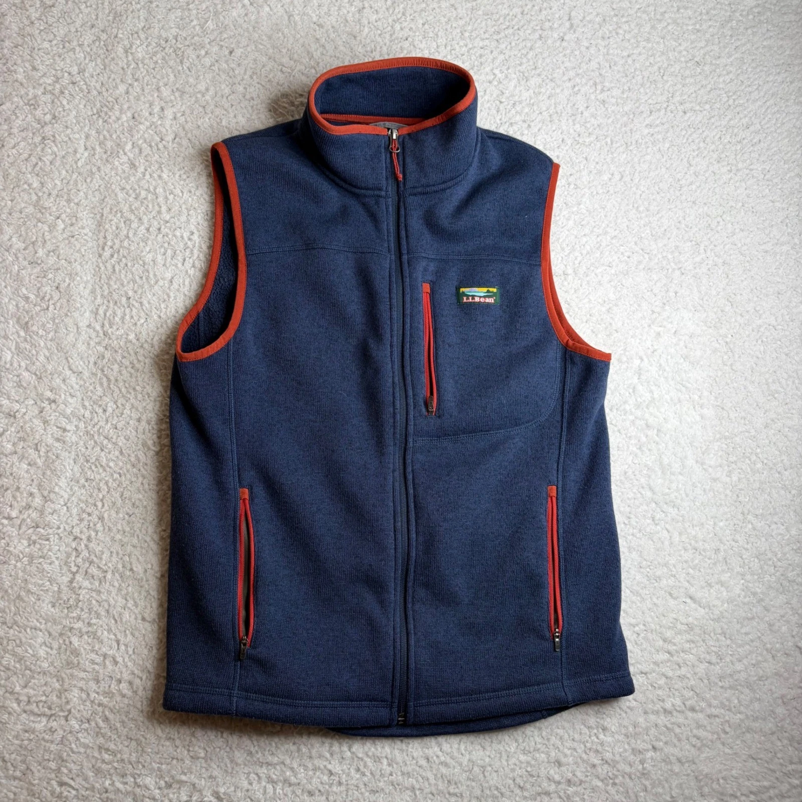 LL Bean Sweater Fleece Vest Mens Small Blue Orange Full Zip 505974 Layering