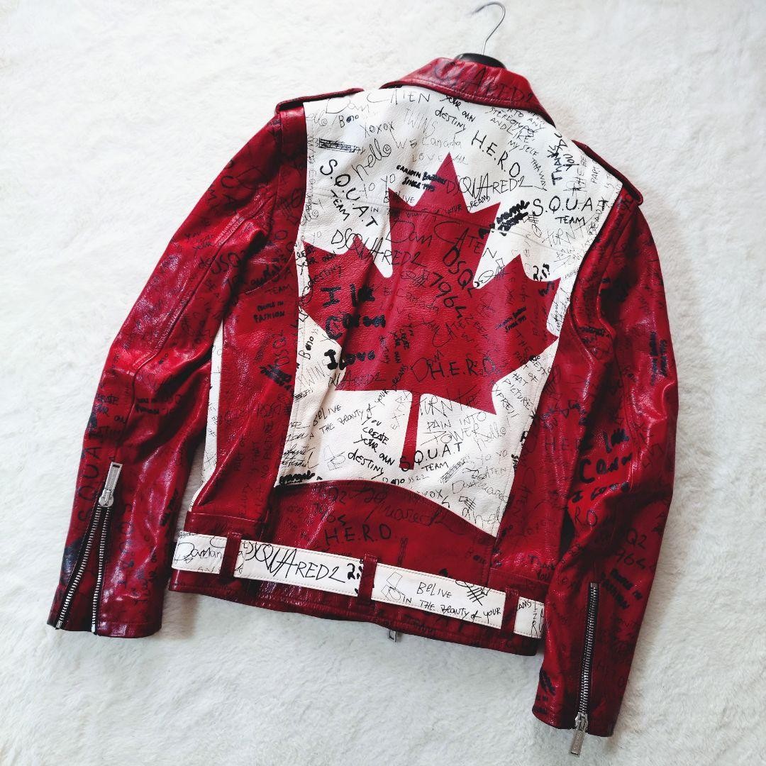 Used 2022 Dsquared2 Leather Riders Jacket Size 42 Red White Length 61cm