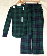 Old Navy Womens Match the Fam Pajama Pants/Thermal Top Navy/Green Plaid Set Sz M