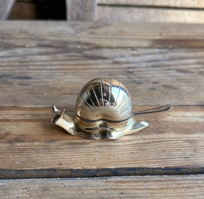 Vtg Snail Salt Cellar Gold Plated Metal w/ Spoon & Plastic Liner