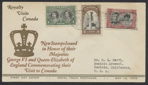 1939 #246-248 Royal Visit FDC Unusual Gold Crown Cachet Royal Train Flag - Bild 1 von 2