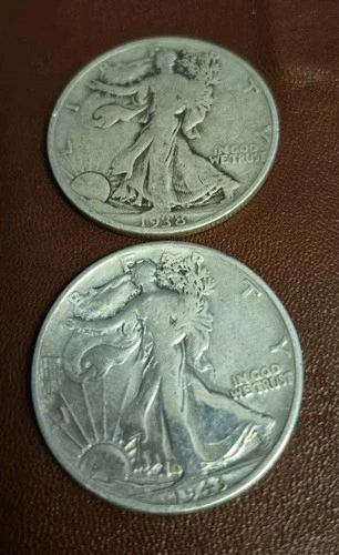 1938 & 1943 Liberty Walking Half Dollars 90% Silver Two Coins.