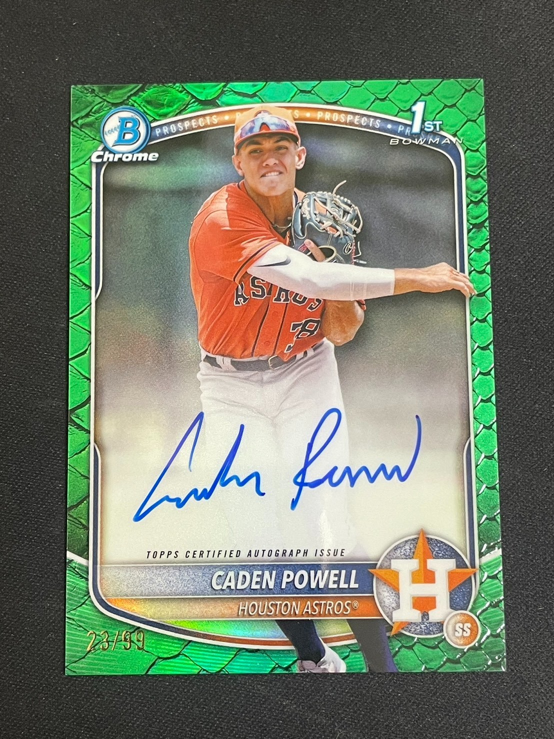 Caden Powell 2025 Topps Bowman Chrome /99 Auto 1st Green Reptilian #CPA-CPO
