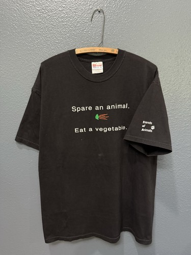 Vintage 90’s Spare An Animal Eat A Vegetable Black Vegan Tee XL Hanes - Picture 3 of 4