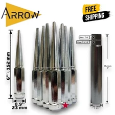 24 Chrome 6" Tall 14x1.5 XL Spike Lug Nut+Key Fit: Chevy Silverado 1500/RAM 2500