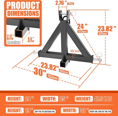 Enganche de remolque receptor ECOTRIC 3 puntos 2" compatible con Kubota John Deere BX - Imagen 3 de 7