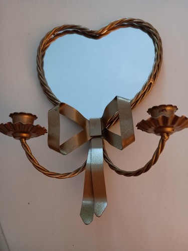 Vtg Gold Metal RopeTrim Mirror Heart Shaped Double Candle Wall Scone w/Bow MCM - Picture 3 of 9