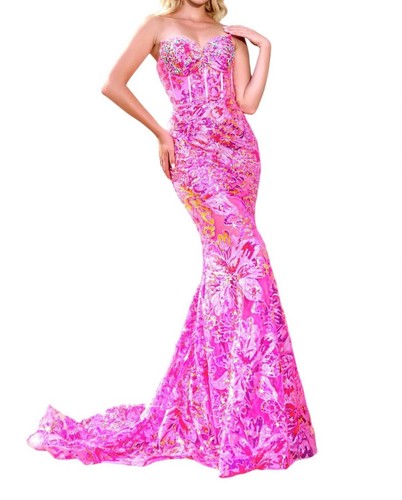 Portia&scarlett floral appliqué strapless corset fit-and-flare gown with sweep