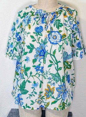 Philosophy Womens 2X NWT Floral Peasant Blouse Cotton Tie Neck Blue Green Top