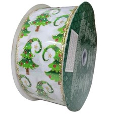 Kirkland Wire Edged White Ribbon with Christmas Trees Glitter Accent 50yd X 2.5i