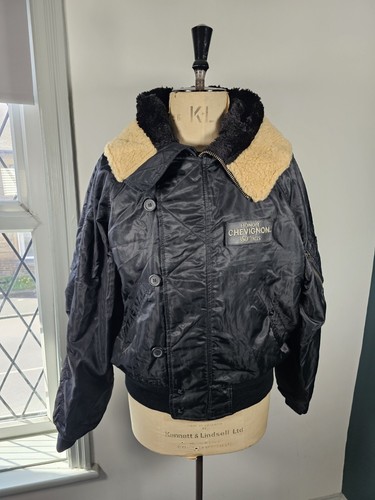 Vintage Chevignon Flying Bomber Jacket Men's XL Black Fur Hood Padded Pilot