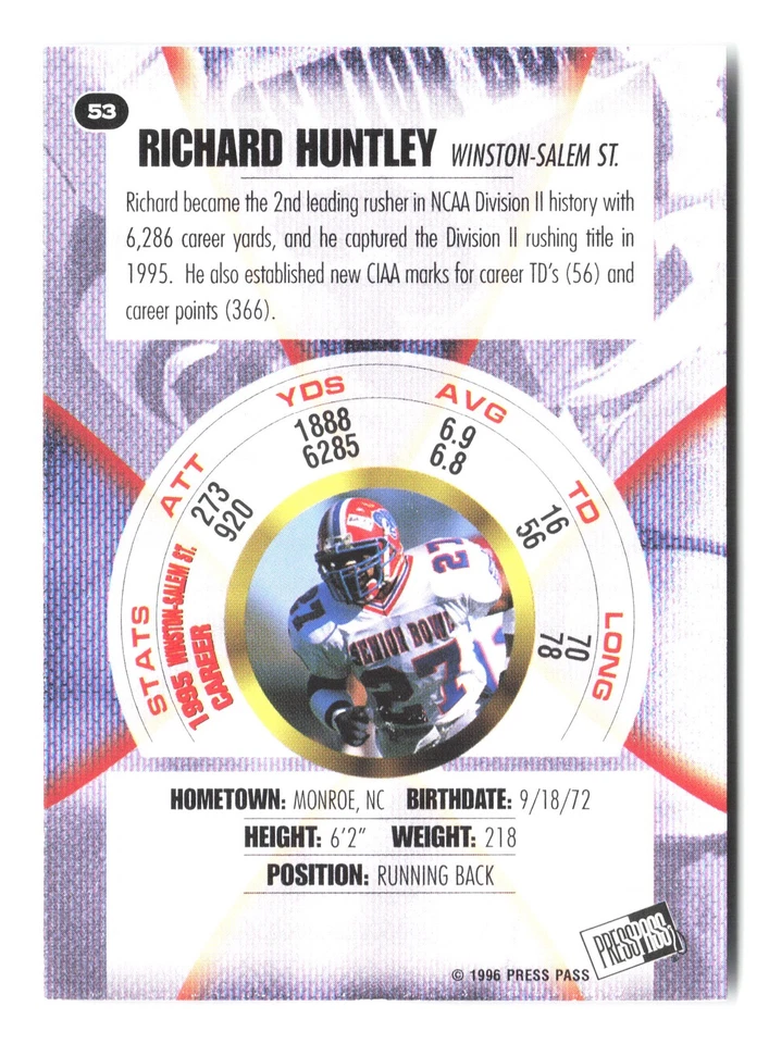 1996 Press Pass #53 Richard Huntley - Image 2 of 2