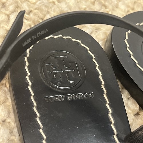 Tory Burch Emmy Pearl Thong Sandals Black Leather Ankle Strap Flat Size 8.5 M - Picture 4 of 8