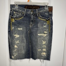 7 For All Man Kind Distressed Denim Skirt with Studded Accents