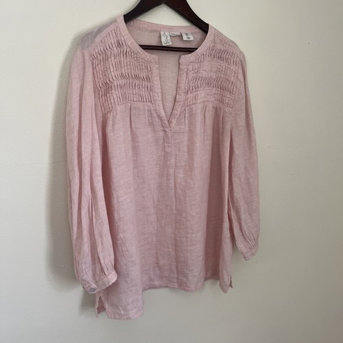 JOIE Pure Linen V Neck Pintuck Accent 3/4 Sleeve Blouse, Dusty Pink- Large - Picture 3 of 8