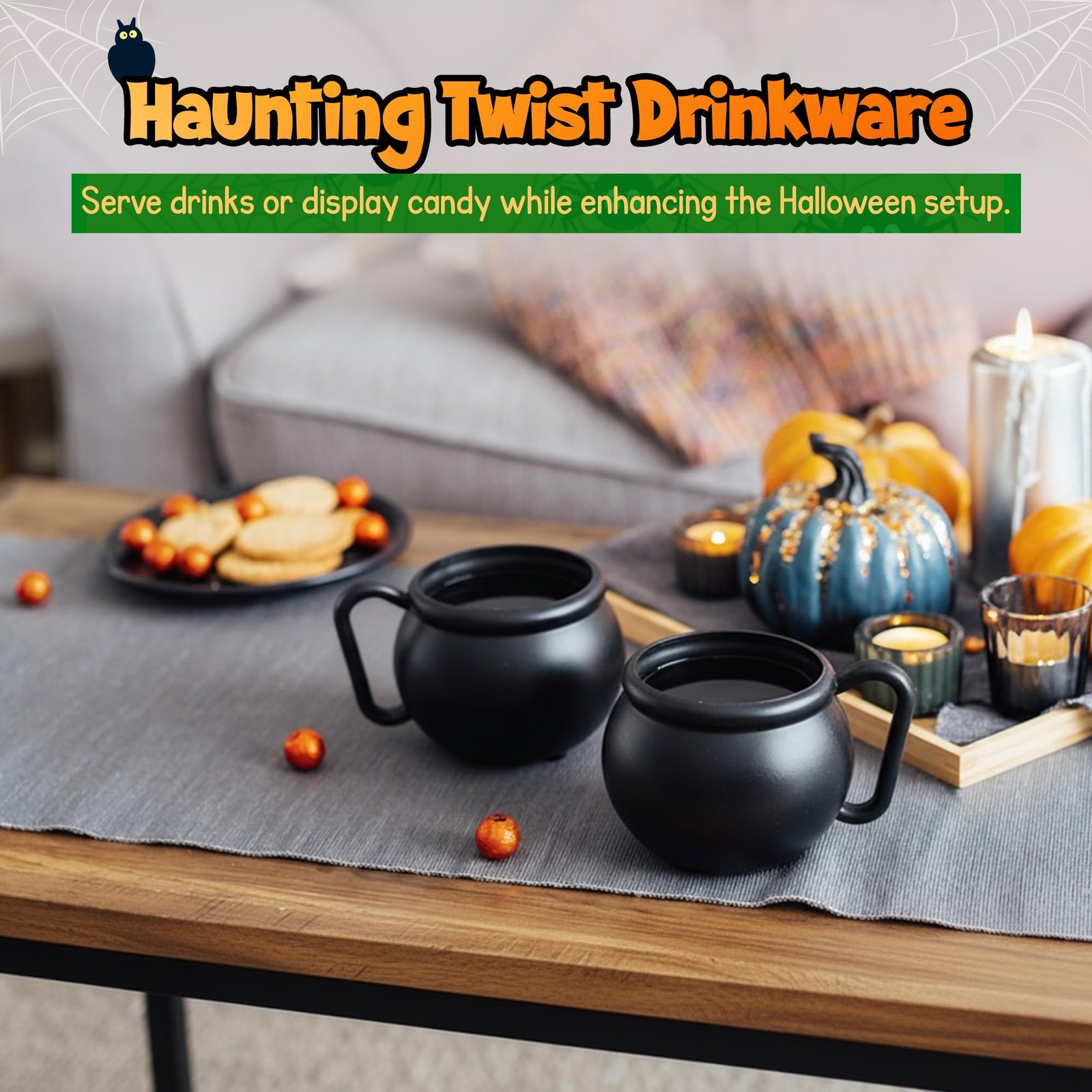 12 Black Cauldron Mugs Set Halloween Drinkware BPA-Free Plastic Witch Party F...