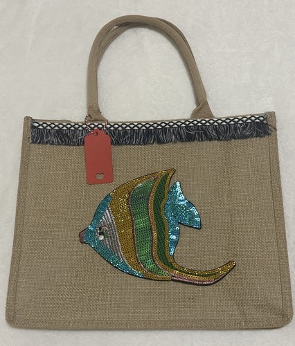 Natural Burlap Jute Tote Bag w/Cotton handles 12x5.5x15"FISH-Handmade - Picture 7 of 7