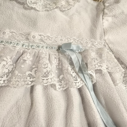 80s Vintage White Lace Dress Girls Medium Long Sleeve Blue Ribbon Nightgown - Picture 6 of 9