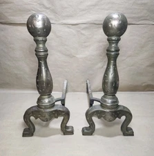 Antique? Vintage Fireplace Andirons Log Dogs Cast Iron w/Brass Finish 