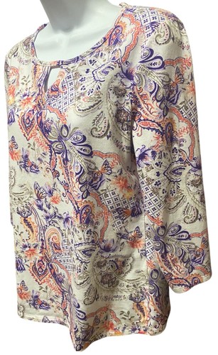 Chicos Womens Top 0 Small 3/4 Sleeve Keyhole Neck Stretch Floral Artsy Boho - Picture 4 of 7