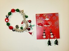 Christmas Theme Collection 3 Pair Earrings and Charm Bracelet