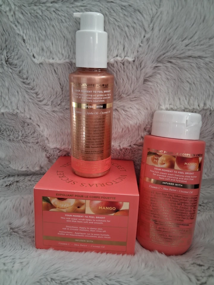 Novo em folha Victoria Secret White Peach Mango Feel Bright Body Care conjunto de 3 - Imagem 2 de 4
