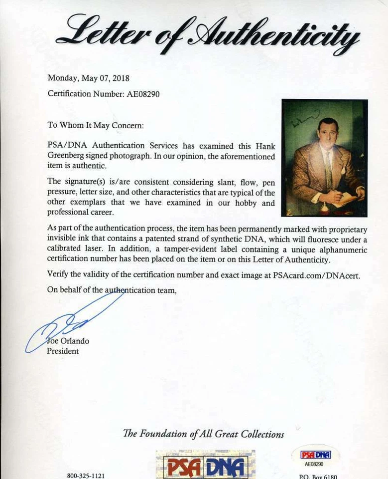 Hank Greenberg JSA Coa Autograph Hand Signed 7x10 Photo - Image 2 of 2