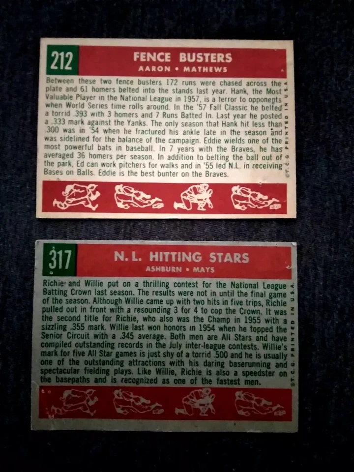 Tarjetas de béisbol 1959 Topps #212 y #317 de Willie Mays y Hank Aaron - Salón de la fama Foto 4 de 4