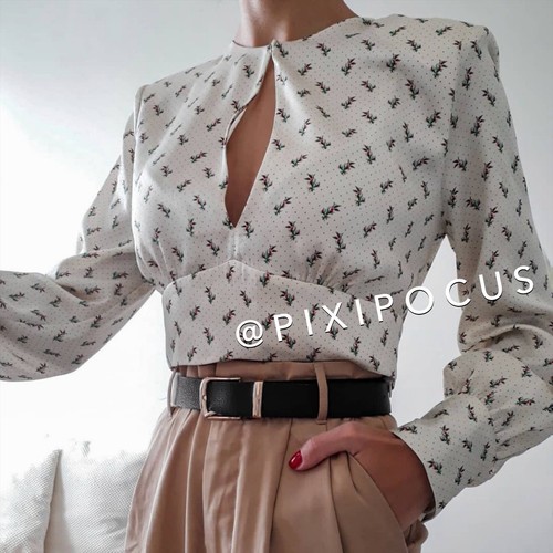 SATIN SHOULDER PAD BLOUSE FLORAL 