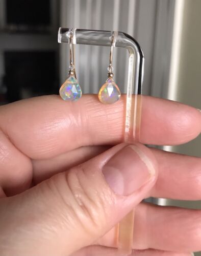 14k Solid Gold Natural Fire Opal Earrings Briolette Dangle GLOWING FIRE 9mm - Picture 2 of 12