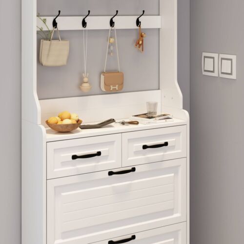 Shoe Cabinet Organizer with Coat Rack Hanger 3 Flip Doors 2 Drawers for Entryway - Picture 6 of 9