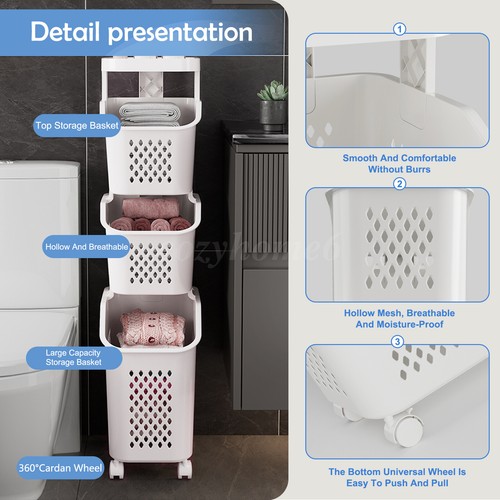 3 Tier Rolling Laundry Hamper Wheels Laundry Basket Organizer Laundry Cart - Picture 7 of 24