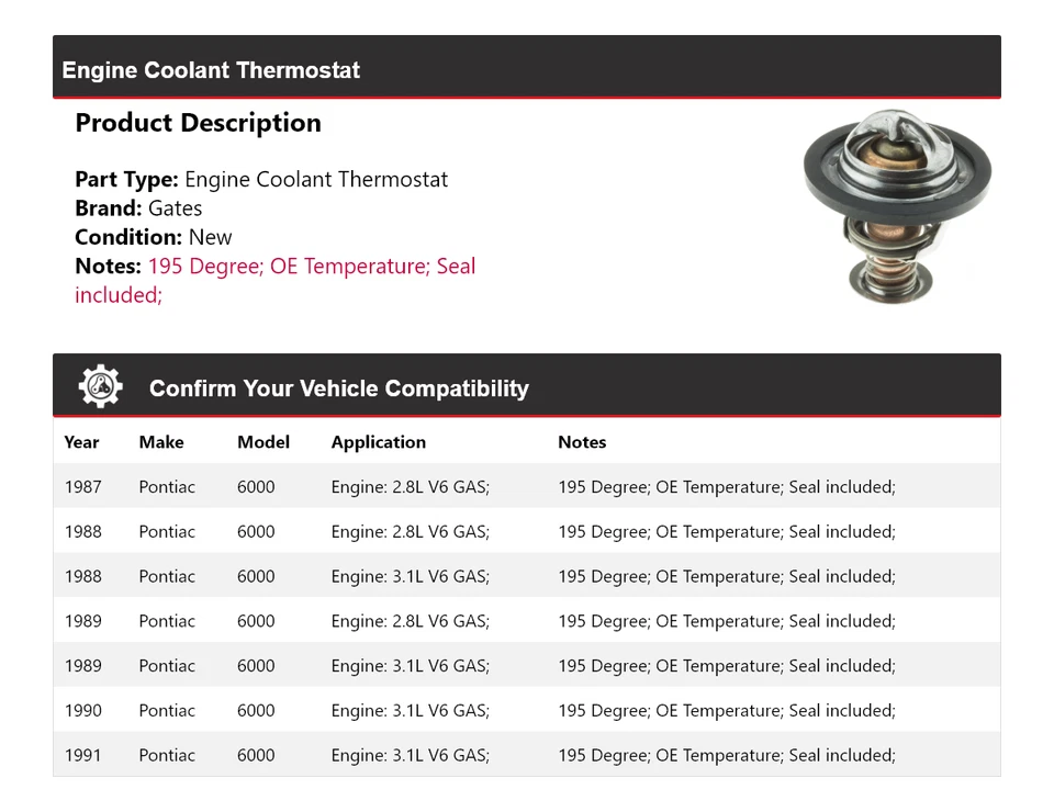 Termostato refrigerante motor Pontiac 6000 1987-1991 puertas 1988 1989 1990 Foto 2 de 4