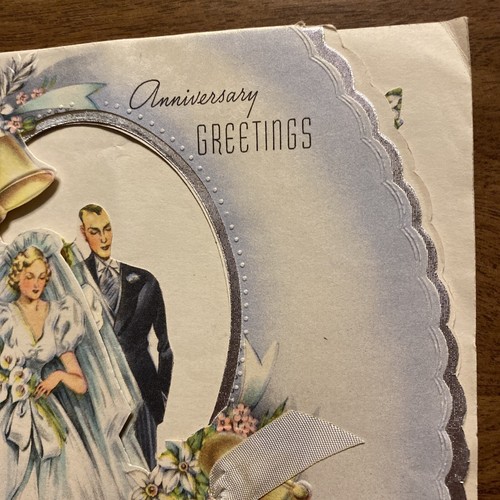 Tarjeta de felicitación vintage de feliz aniversario de los años 40 boda y campanas troqueladas P5c - Imagen 3 de 22