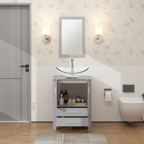 24" Bathroom Vanity Single Cabinet with Vessel Sink Mirror Combo Faucet Drain - Picture 5 of 85