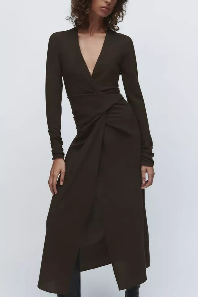 brown wrap dress zara NWT DRAPED WOOL V-NECK FAUX KHAKI MIDI size XL up sleeves campaign:garden-party Dkny | Dresses | Size:8 AU/UK (4 US)