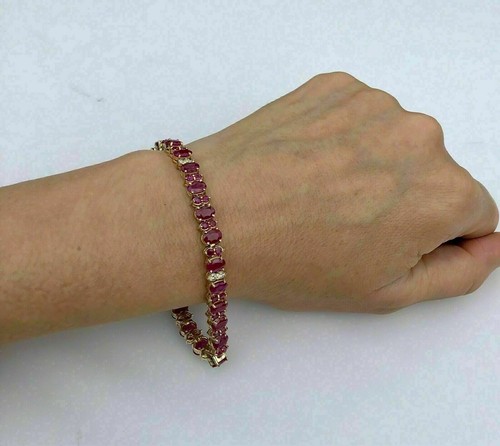 7Ct Oval Cut Red Ruby Lab-Created Womens Tennis Bracelet 14K Yellow Gold Finish - Picture 2 of 4