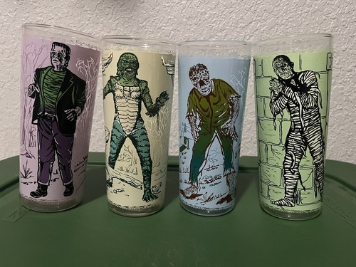 Set of Universal Monster Glasses Creature,Mummy,Frankenstein,Wolfman 1960's
