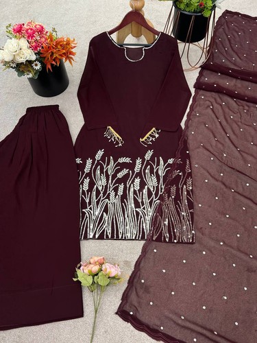 Ethno Look reines Faux Georgette Top und Farshi Pent mit Dupatta für Hochzeit - Bild 8 von 14