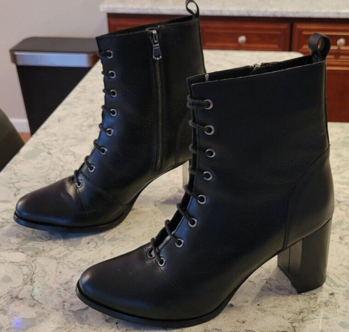 WOMEN'S FABIANELLI BOOTS BLACK LEATHER COMBAT LACE UP GRANNY ZIP UP SIZE 40 US 9 - Picture 2 of 9