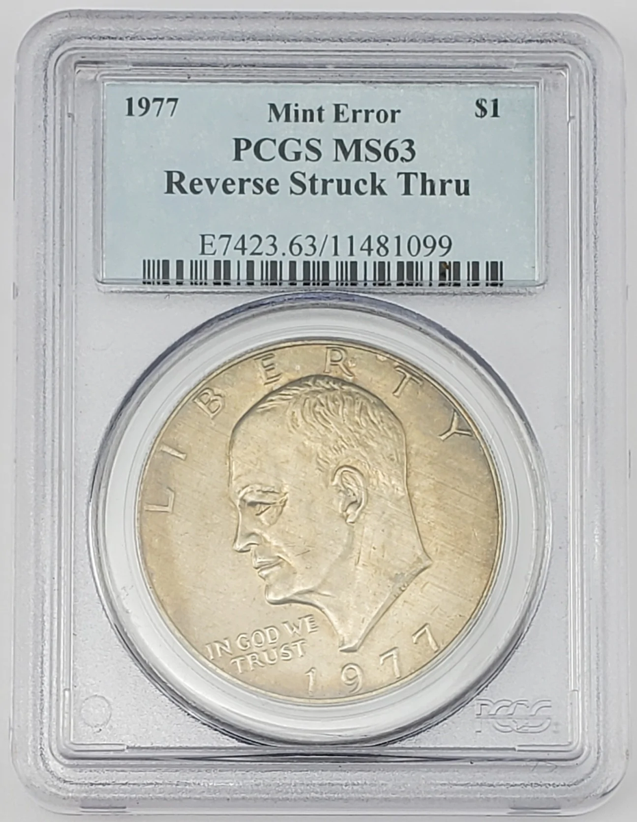 レア⭐1977セントヘレナ 1977 Eisenhower Dollar Reverse Struck Thru Mint Error PCGS