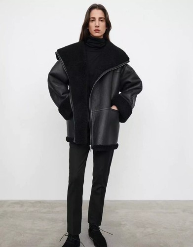 Women's RAF B3 Real Lambskin Leather Jacket - Black Lined Shearling Fur Jacket - Picture 2 of 6