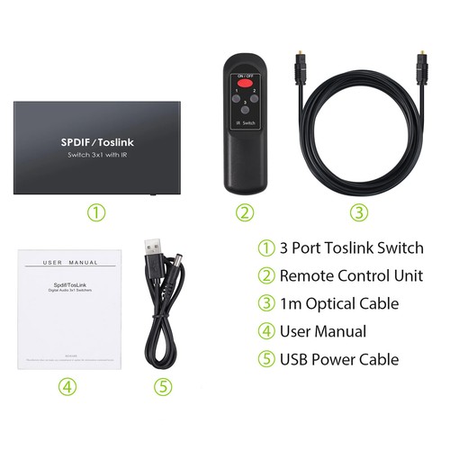 Digital Toslink Switcher 3 Input 1 Output Audio SPDIF Optical Fiber Switc - Picture 6 of 6