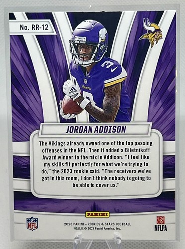 JORDAN ADDISON RC 2023 Rookies & Stars Rookie Rush #RR-12 Minnesota Vikings - Picture 2 of 2