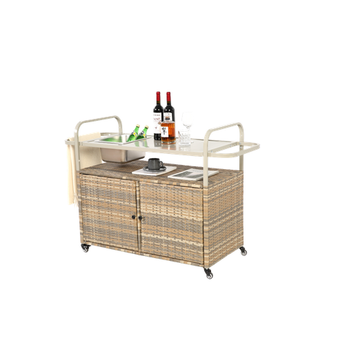 Outdoor Bar Table, Wicker Bar Cart with Cabinet, Patio Serving Cart for Garden - Picture 8 of 14
